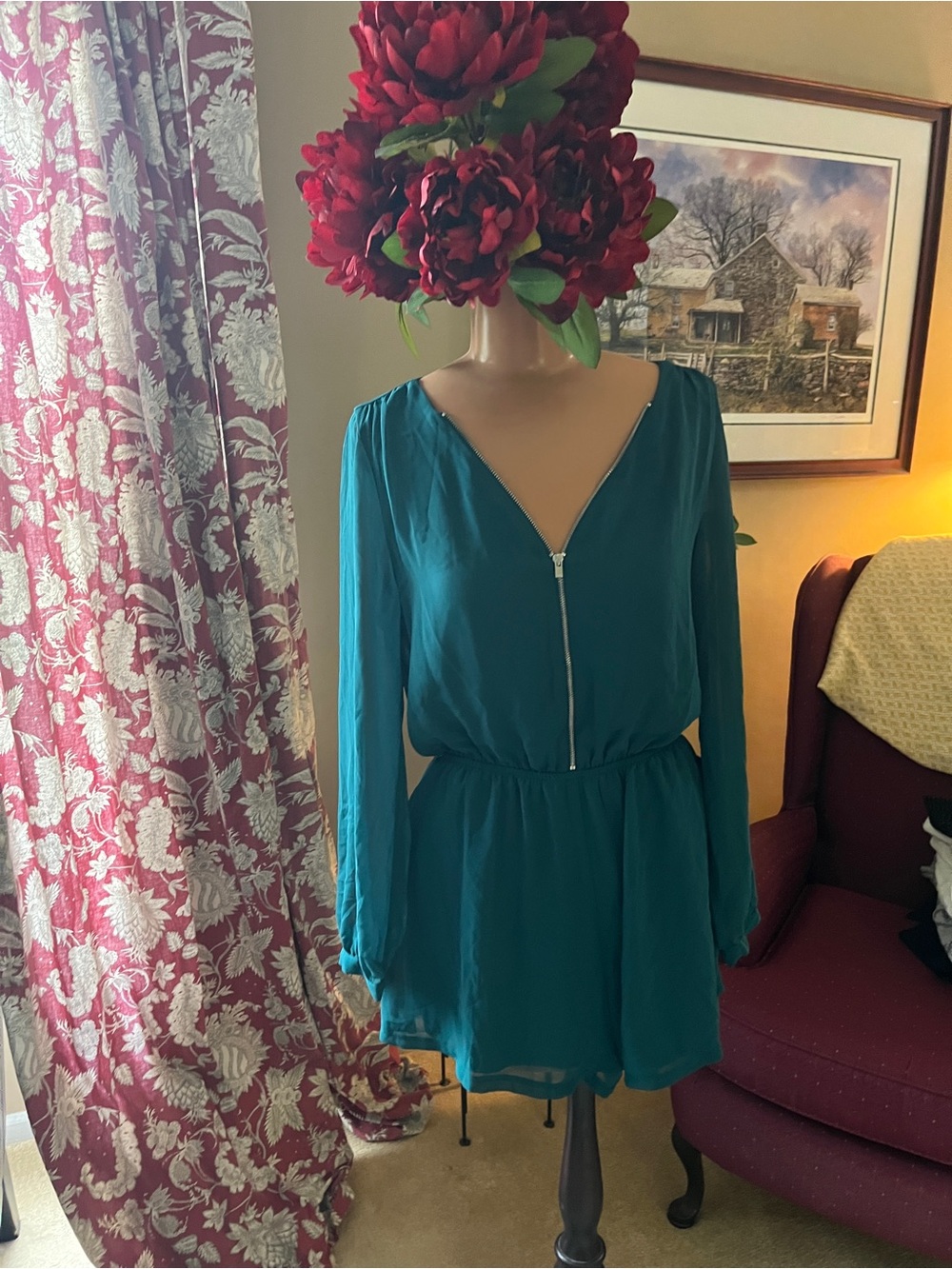 Teal Long-Sleeve V-Neck Zip Front Women's Top